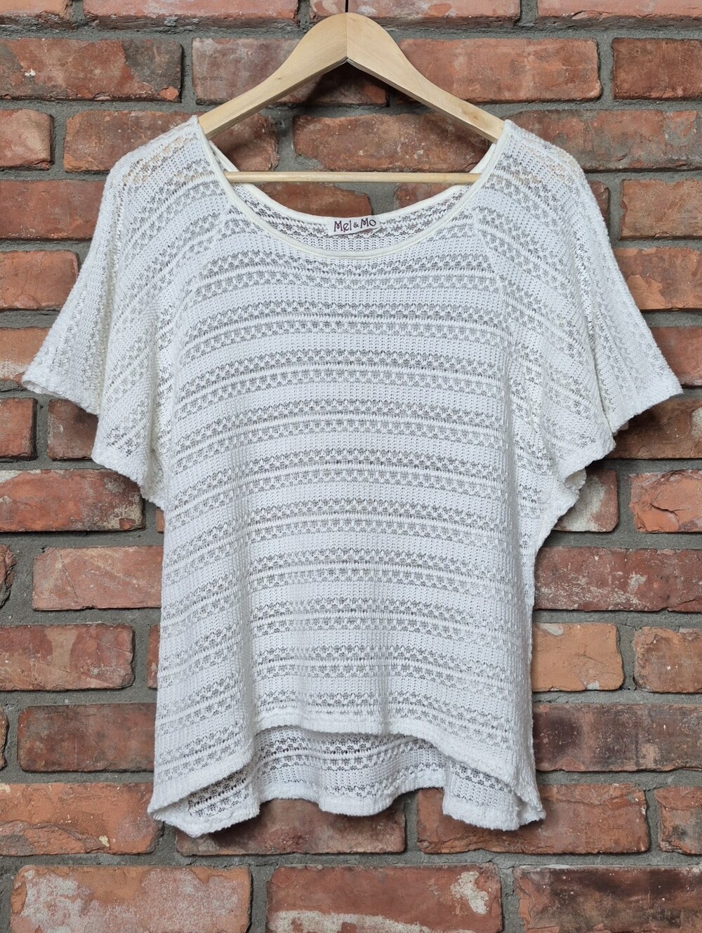 Mel & Mo Openwork Knit Top Pointelle Dolman Sleeve High Low Sheer Ivory
